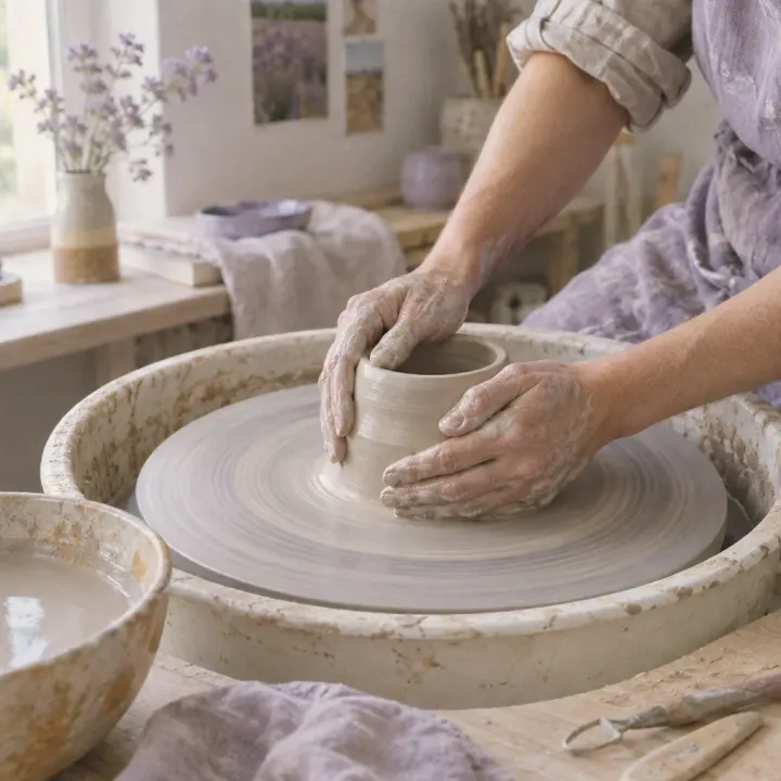 Clay-covered hands shaping a pot on a potter's wheel in a bright studio.