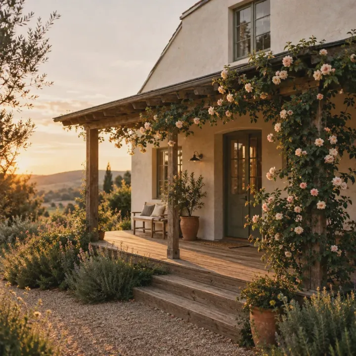 A white house with a wooden porch and climbing roses in the evening sun.