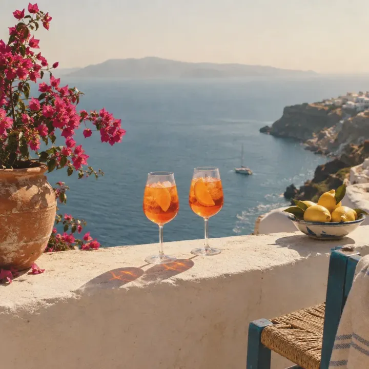 Two glasses of orange spritz and a bowl of lemons on a whitewashed wall above a blue bay, with pink bougainvillea.