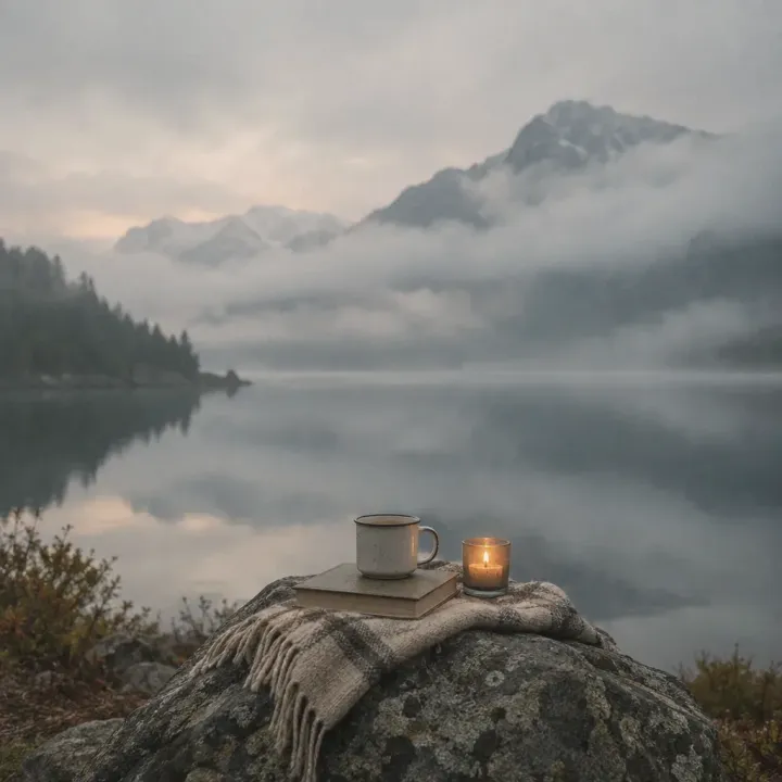 A mug, a book and a candle on a woollen blanket over a rock beside a misty mountain lake.
